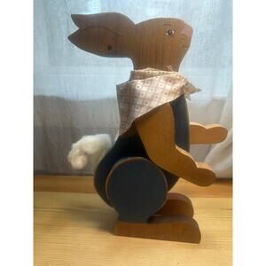 Handcrafted Wooden Bunny Rabbit Folk Art Decor Pull Toy Style Fabric Scarf
